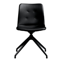 Black upholstered chair with a smooth finish and button-tufted detail, featuring a modern spindle base.