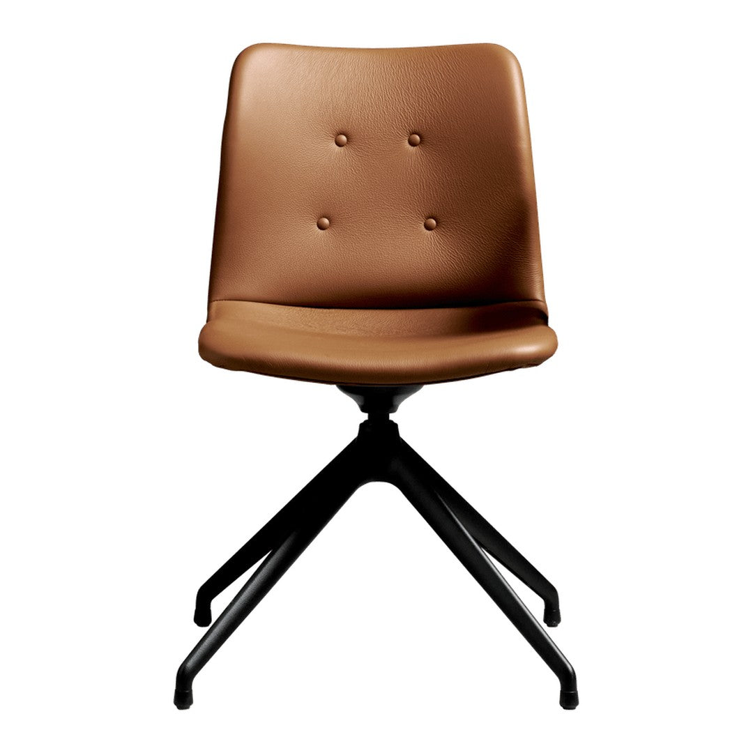 Brown leather chair with buttoned upholstery and a sleek black base, perfect for modern decor.