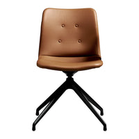 Brown leather chair with buttoned upholstery and a sleek black base, perfect for modern decor.