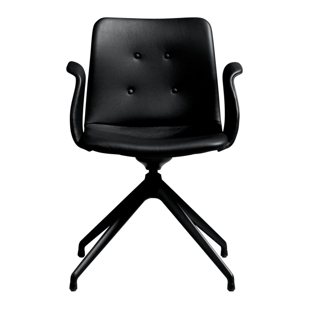 Black leather swivel chair with button tufting and sleek armrests on a modern base. Ideal for stylish office decor.