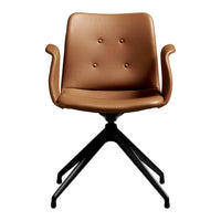 Brown faux leather chair with button detailing and a black base, featuring a sleek, modern design.