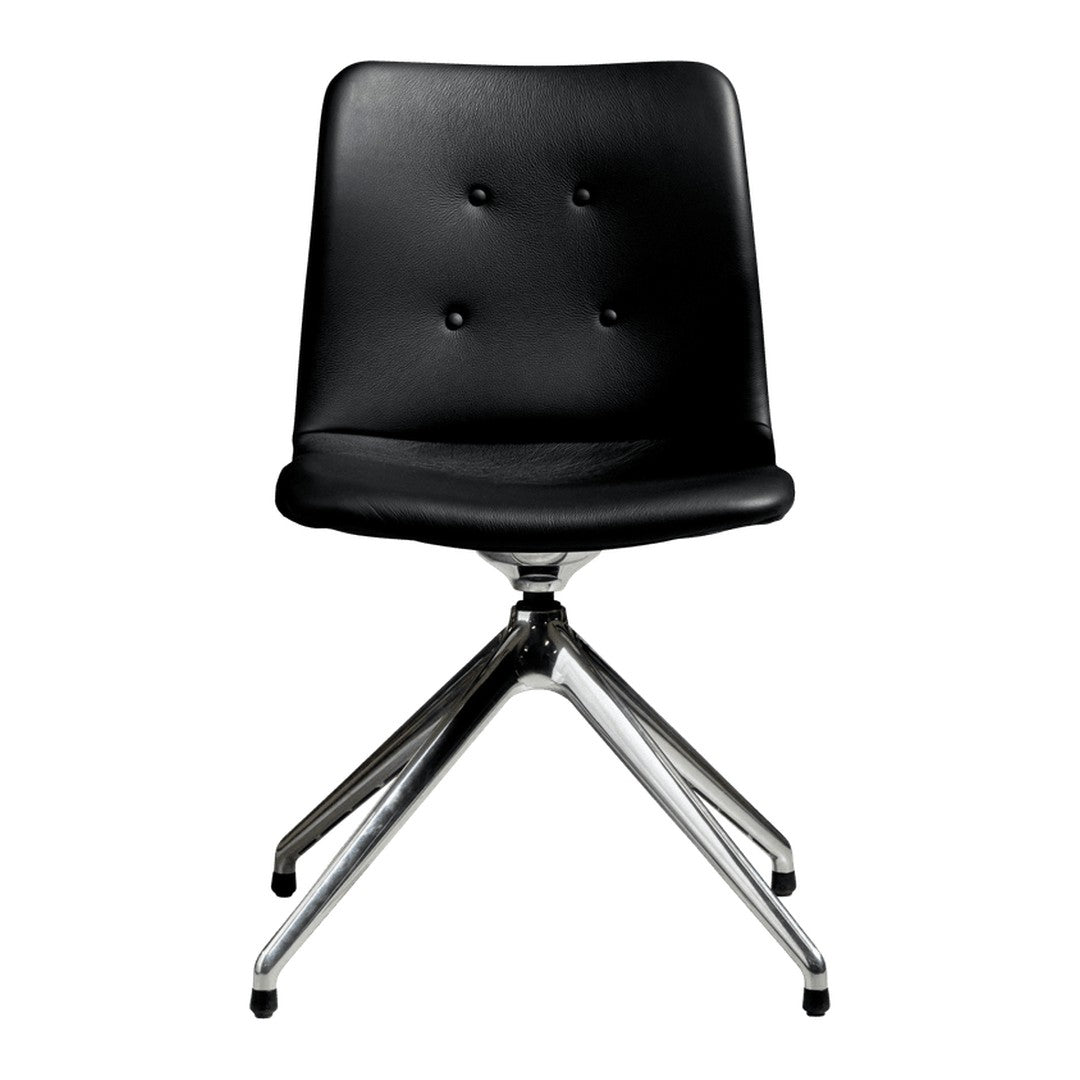 Black faux leather chair with button detailing and a sleek chrome base. Modern design for stylish interiors.