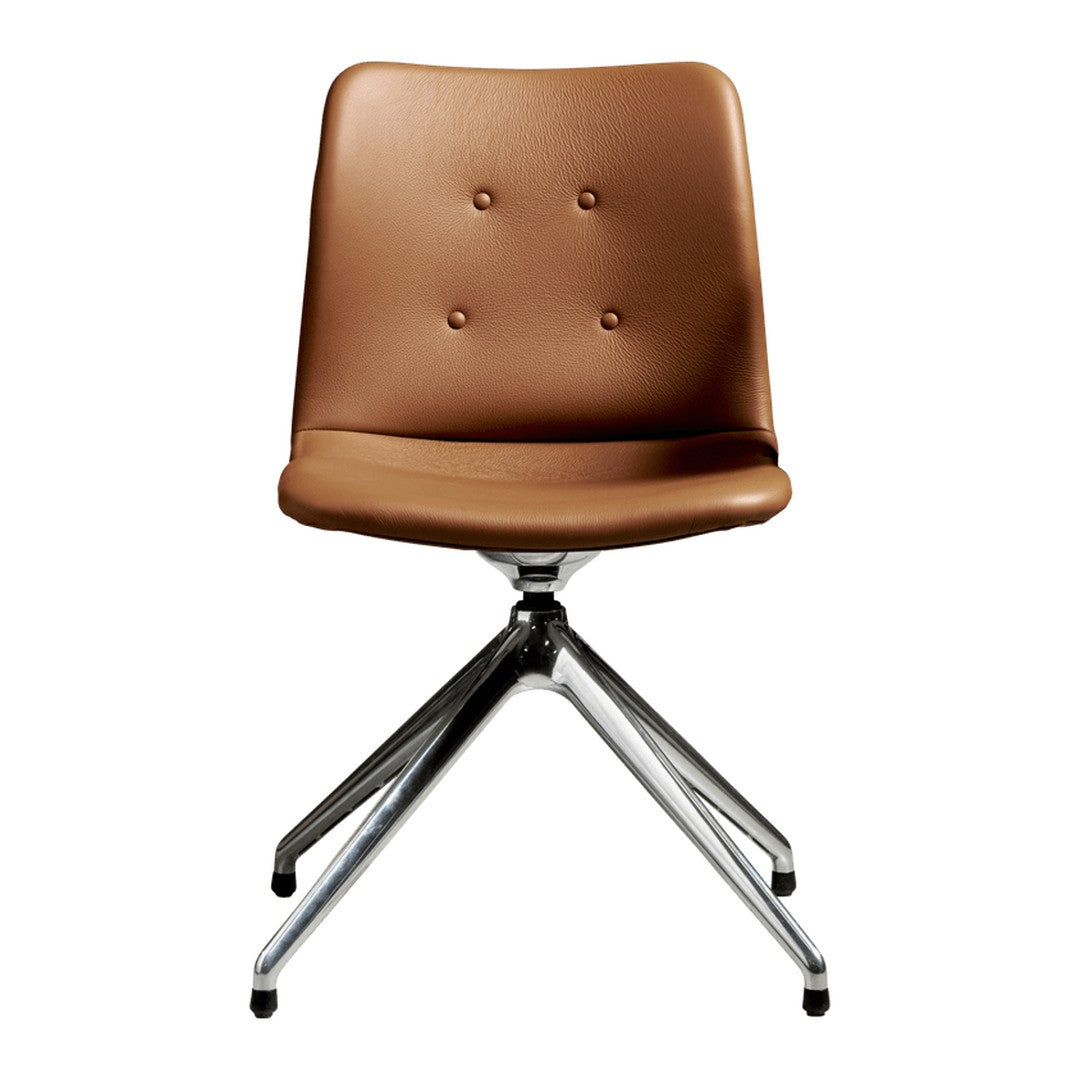 Brown faux leather chair with button detailing and chrome swivel base, perfect for modern interiors.