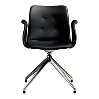Black leather office chair with buttoned backrest and chrome base, offering a sleek and modern design.