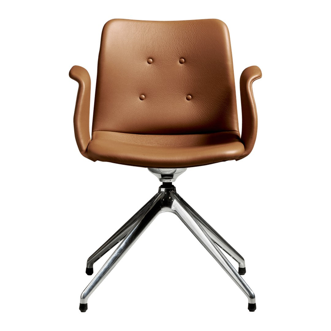Brown upholstered chair with a textured pattern and chrome base, featuring four arms and a modern design.