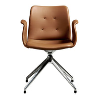 Brown upholstered chair with a textured pattern and chrome base, featuring four arms and a modern design.