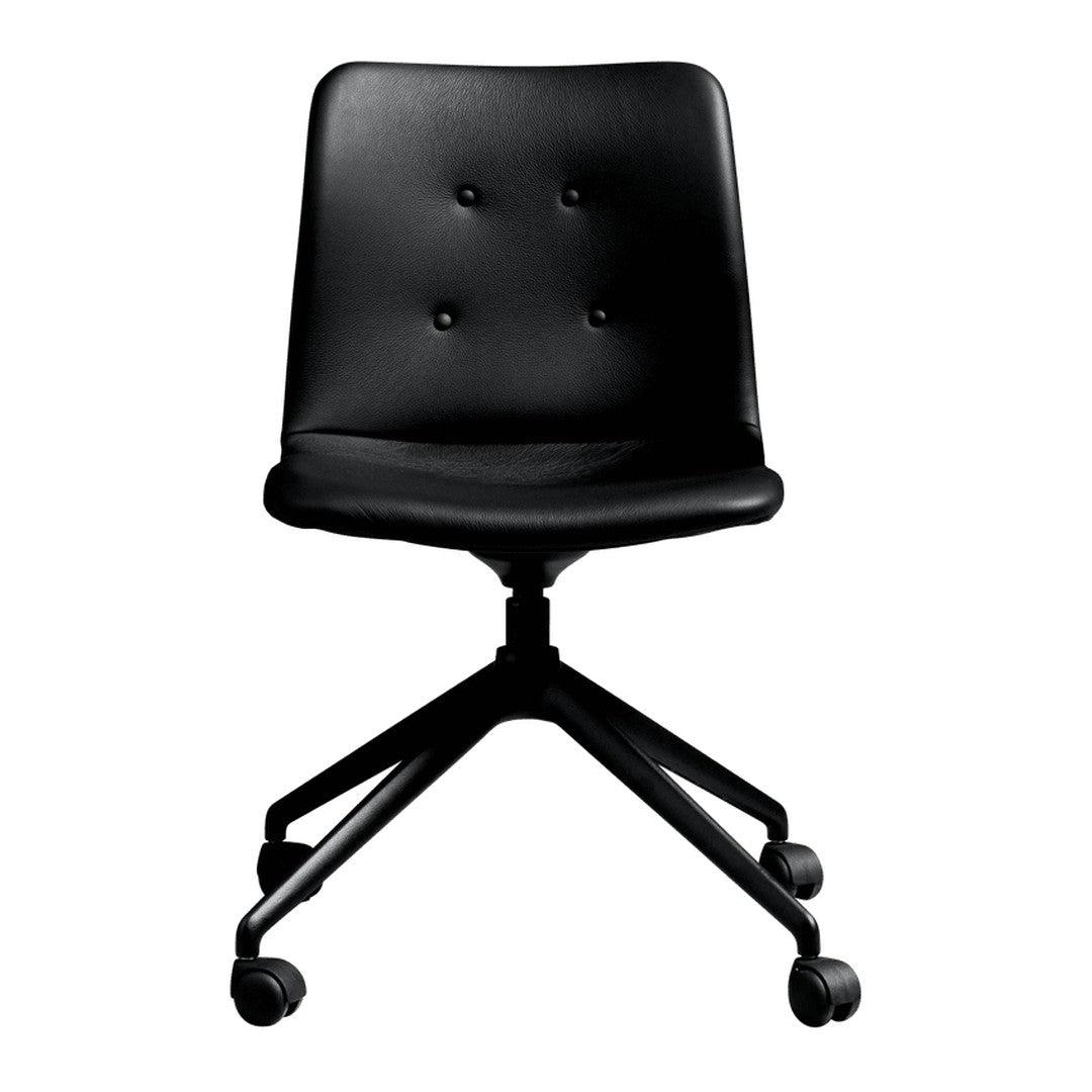 Black ergonomic office chair with a smooth leather finish and button tufting, featuring a minimalist design.