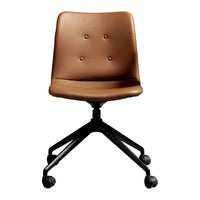 Brown faux leather office chair with button-tufted detail and black wheeled base. Modern and stylish design.