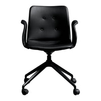 Black ergonomic office chair with a smooth finish and button-tufted detailing. Sleek design for modern interiors.