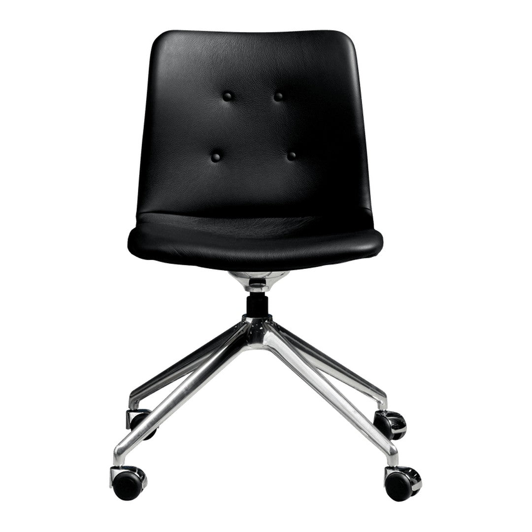 Black upholstered chair with a smooth finish and subtle button tufting on a chrome base. Ideal for modern decor.