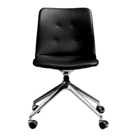 Black upholstered chair with a smooth finish and subtle button tufting on a chrome base. Ideal for modern decor.