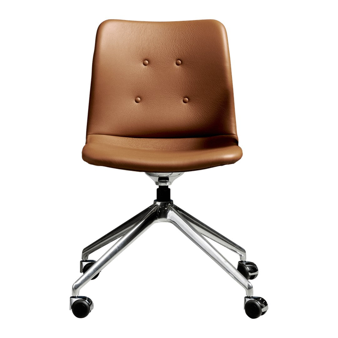 Brown upholstered chair with button detailing and a chrome base, featuring a smooth, modern design.