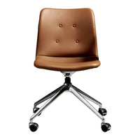 Brown upholstered chair with button detailing and a chrome base, featuring a smooth, modern design.
