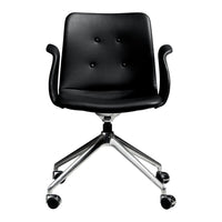 Black upholstered chair with a button-tufted design, featuring a sleek chrome base and rolling caster wheels.