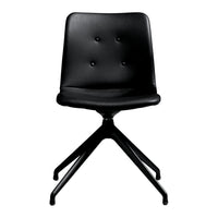 "Black leather chair with a sleek design and button tufted pattern, featuring a stylish black metal base."