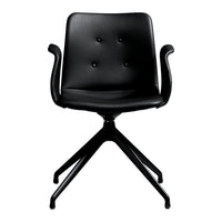 Black leather swivel chair with button-tufted back and sleek black base; modern design for any workspace.