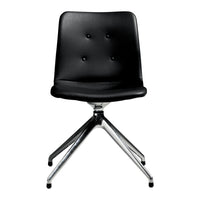 Black upholstered chair with button detailing and sleek chrome legs, featuring a modern minimalist design.