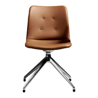 Brown faux leather chair with button detailing and a chrome base, featuring a modern minimalist design.