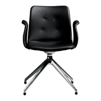 Black leather chair with a sleek design, featuring button tufting and chrome legs for modern elegance.