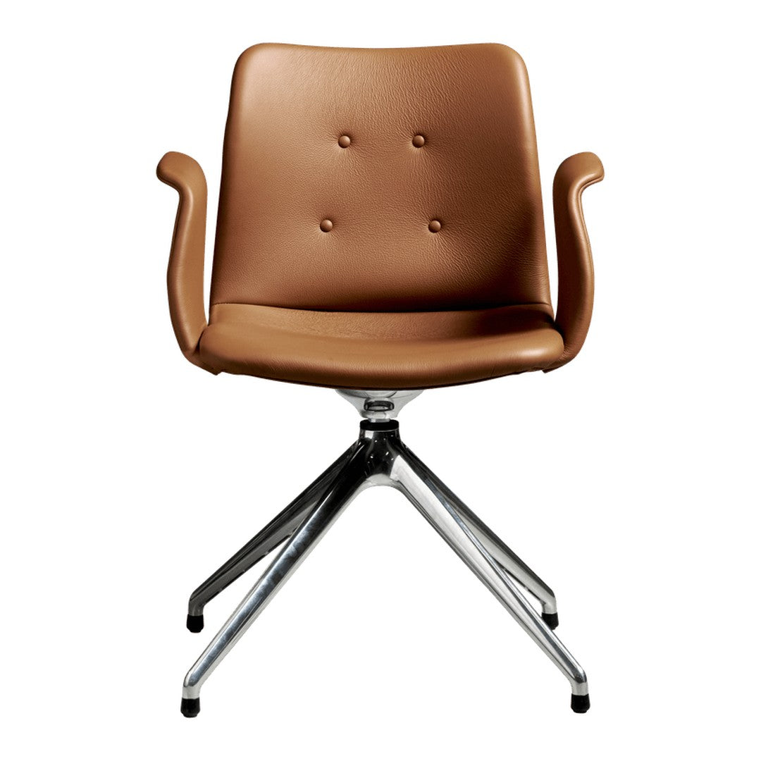 Brown faux leather chair with a minimalist design and chrome base, featuring tufted button accents.
