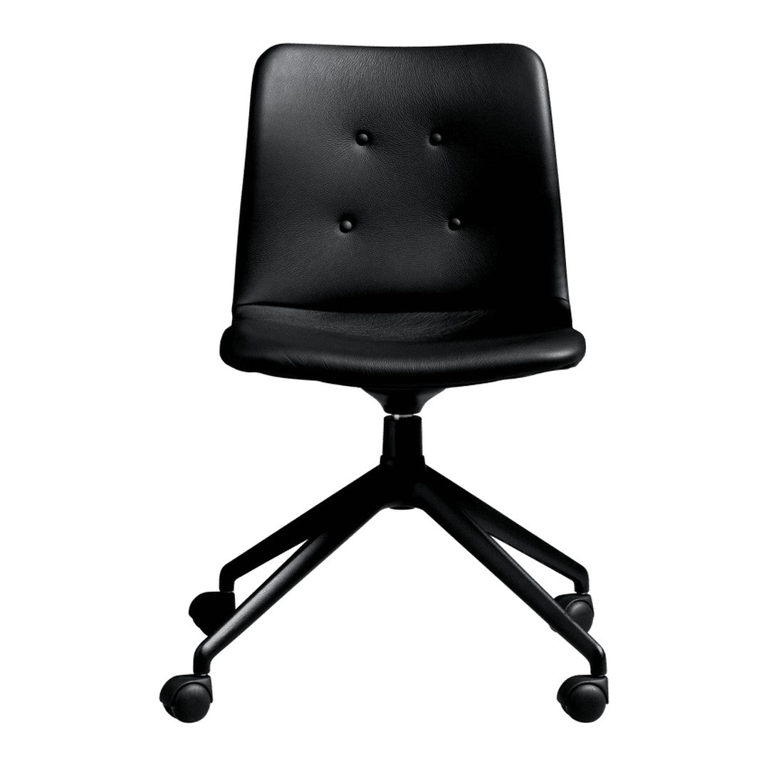Black swivel chair with a smooth, sleek finish and four decorative buttons on the seat for added style.