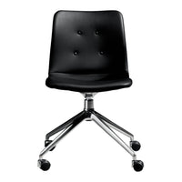 Black modern office chair with a smooth leather finish and tufted buttons on a silver rolling base.