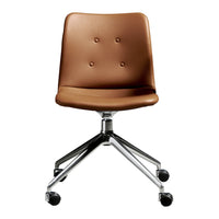 Brown faux leather chair with button tufting and a sleek chrome base. Modern design with a minimalist look.