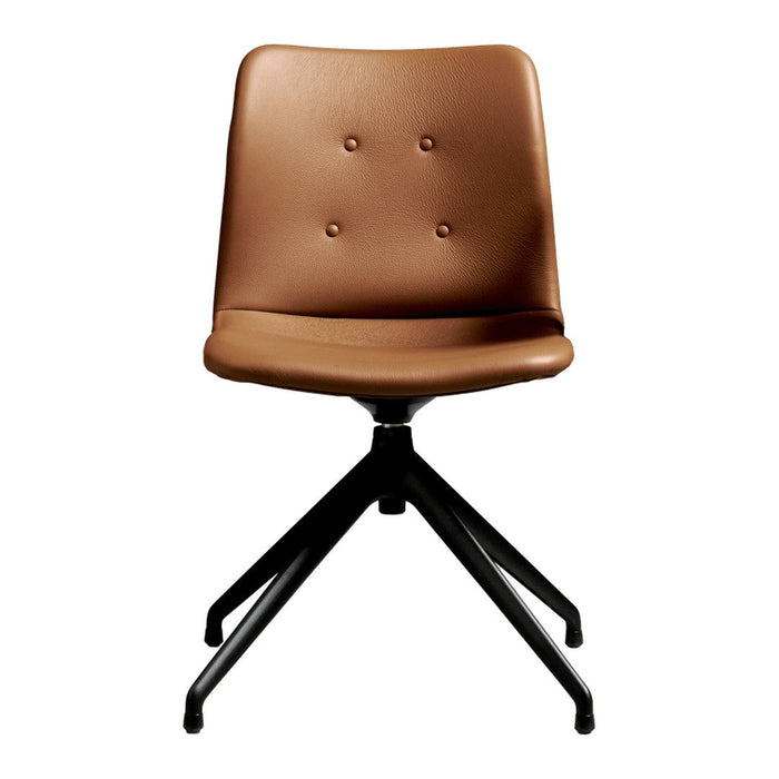 Brown upholstered chair with button details and a sleek black base, perfect for modern interiors.