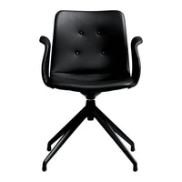 Black upholstered swivel chair with button tufting and sleek black metal base. Modern design with minimalist style.