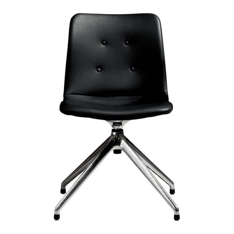 Black leather chair with six buttons and a sleek chrome base, perfect for modern decor.