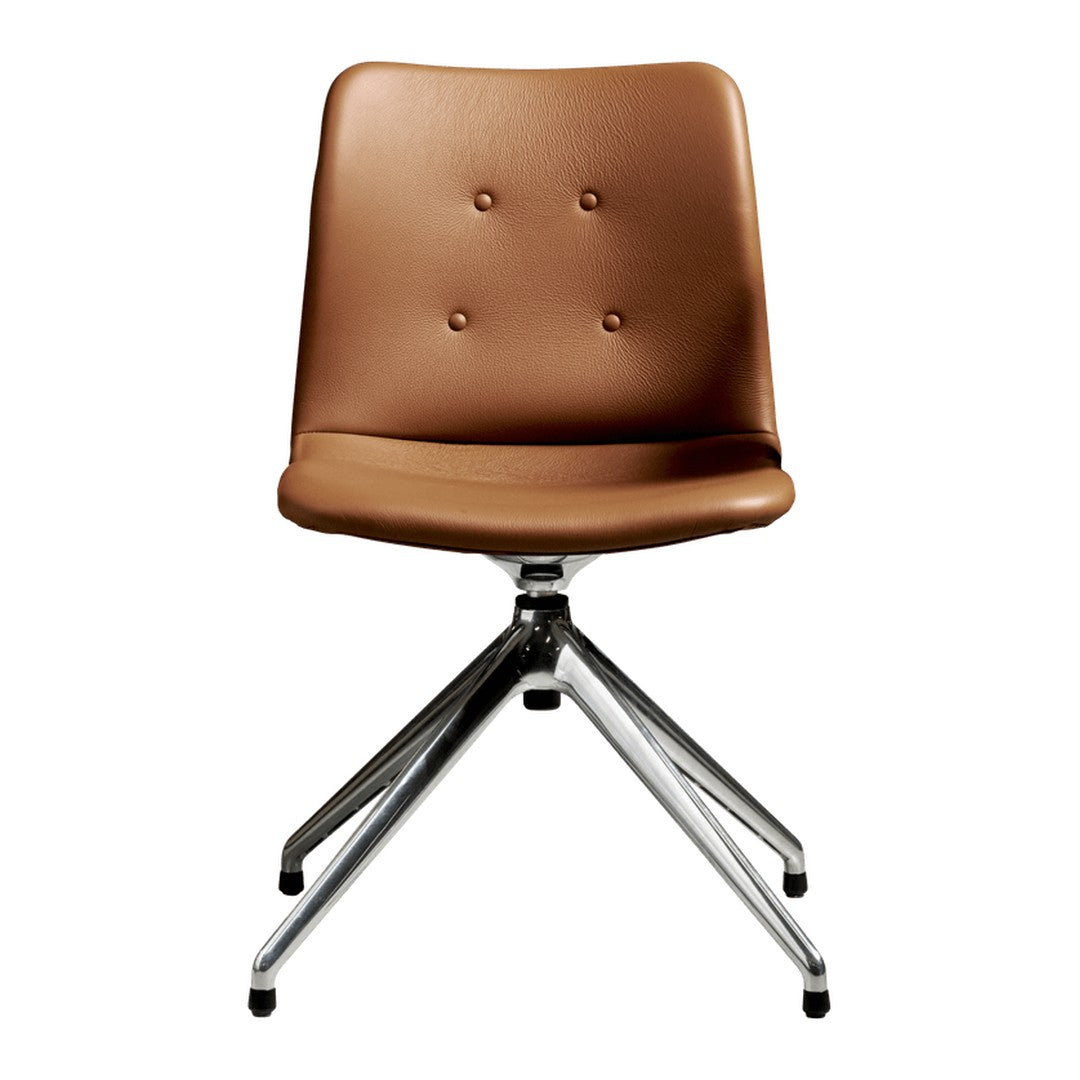Brown faux leather chair with button tufting on a sleek chrome base, offering a modern minimalist design.