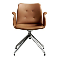 Brown leather chair with buttoned detailing and sleek chrome base. Modern design for stylish office or home use.