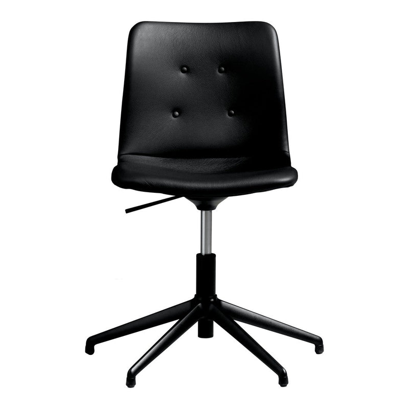 Black faux leather office chair with a smooth finish and subtle button tufting on the backrest. Modern and stylish design.