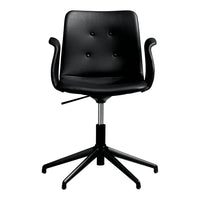 Black ergonomic chair with a smooth finish and button-tufted detailing, featuring a sleek, modern design.