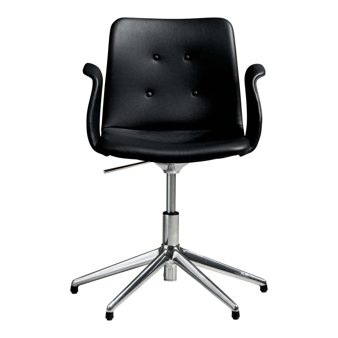 Black upholstered office chair with button tufting and a chrome swivel base. Modern design suited for any workspace.
