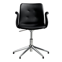 Black upholstered office chair with button tufting and a chrome swivel base. Modern design suited for any workspace.