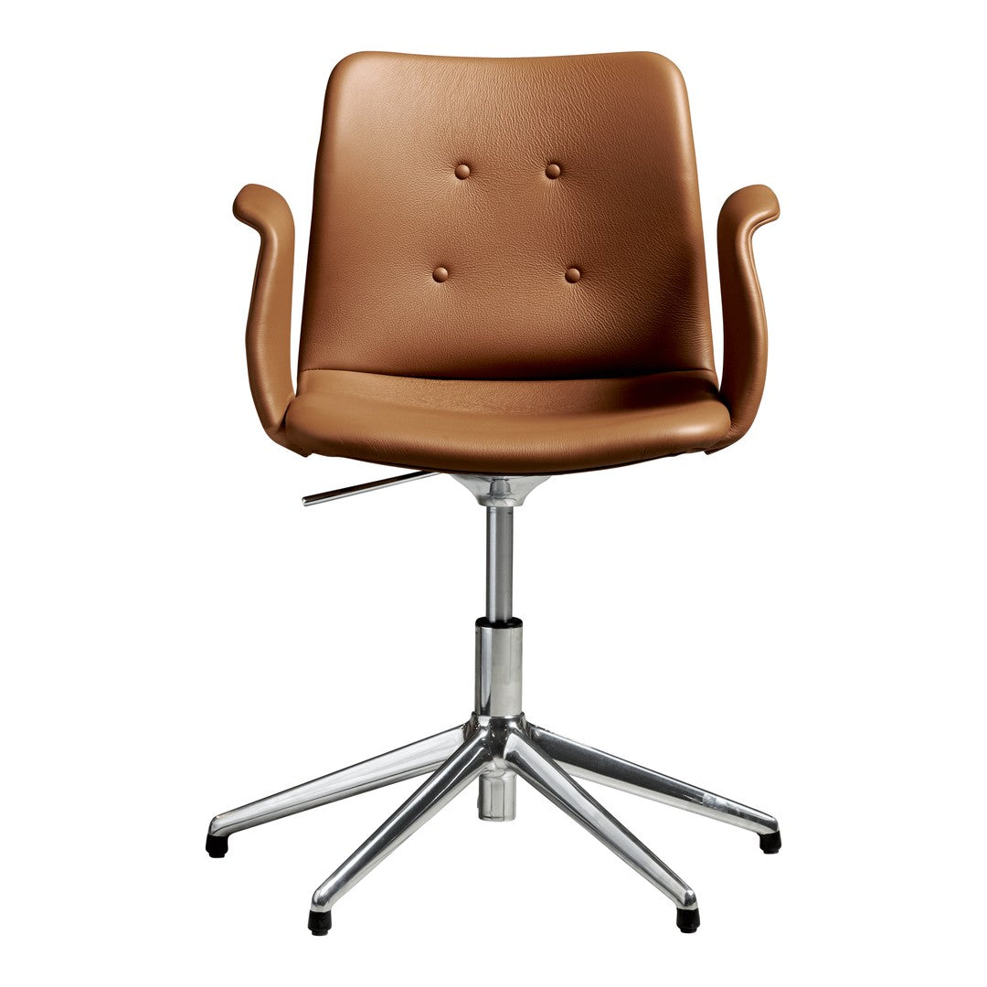 Brown leather office chair with a smooth finish and buttoned detailing, featuring a chrome base and five swivel wheels.