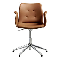 Brown leather office chair with a smooth finish and buttoned detailing, featuring a chrome base and five swivel wheels.