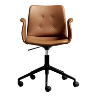 Brown faux leather office chair with a smooth surface and button detailing on a black wheeled base.