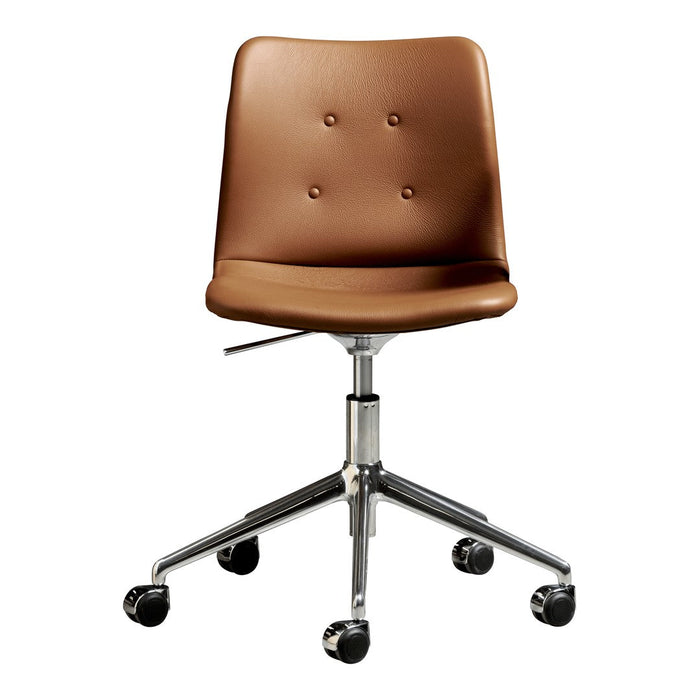 Brown faux leather office chair with a smooth finish and subtle button accents on a chrome swivel base.