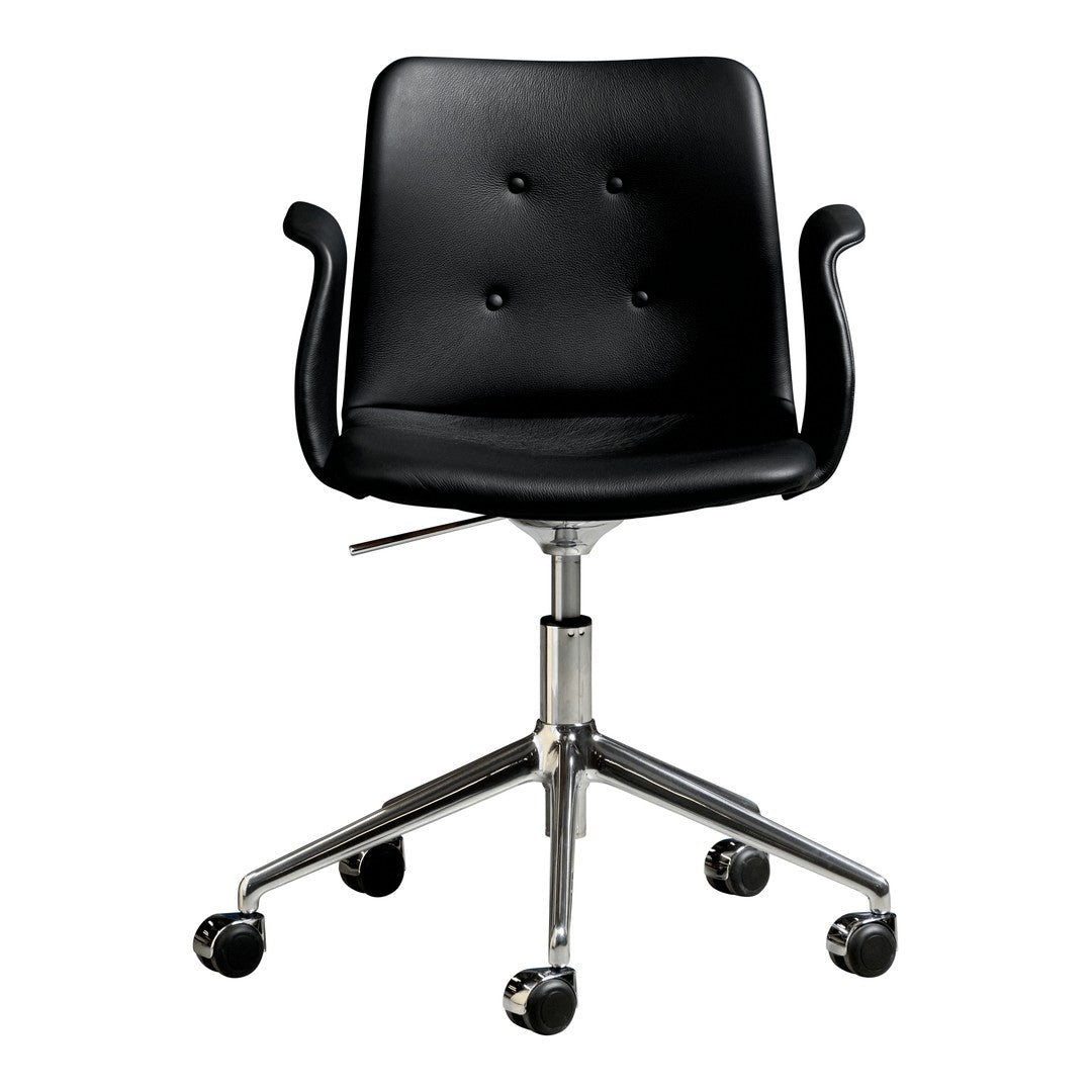 Black upholstered office chair with a sleek design and button tufting, featuring a chrome base and rolling wheels.