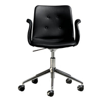 Black upholstered office chair with a sleek design and button tufting, featuring a chrome base and rolling wheels.