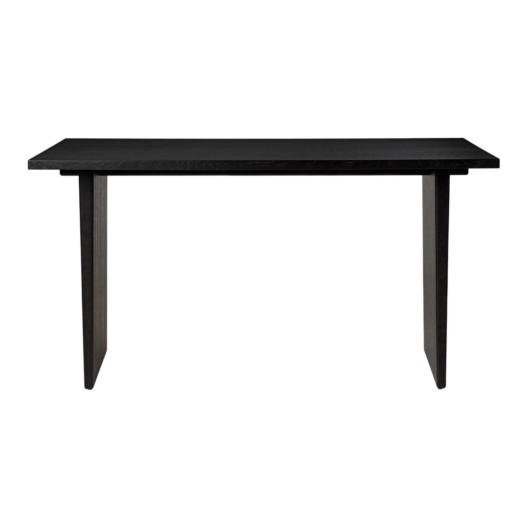 Sleek black console table featuring a minimalist design with clean lines and a smooth finish. Perfect for modern decor.