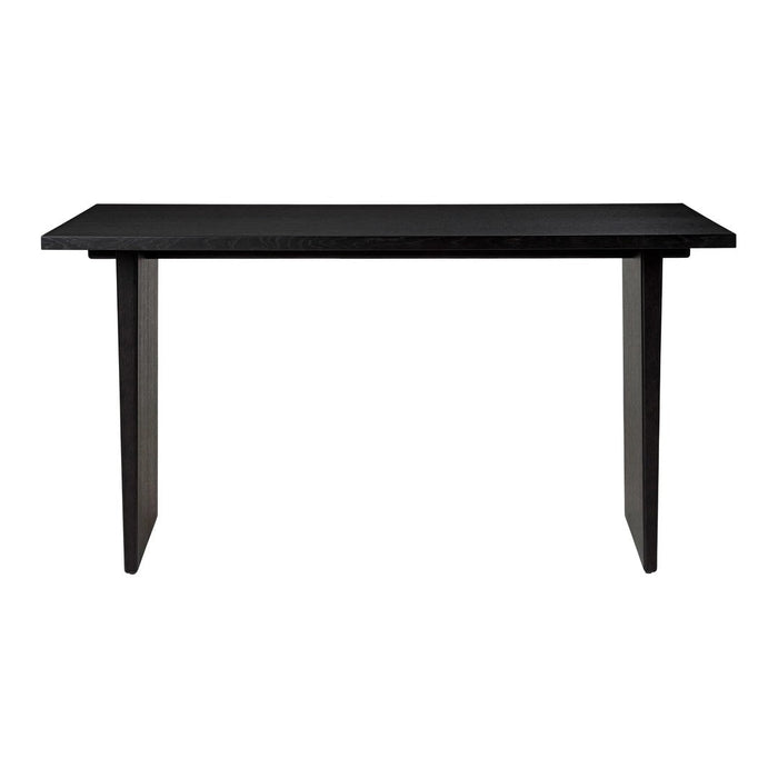 Sleek black console table featuring a minimalist design with clean lines and a smooth finish. Perfect for modern decor.