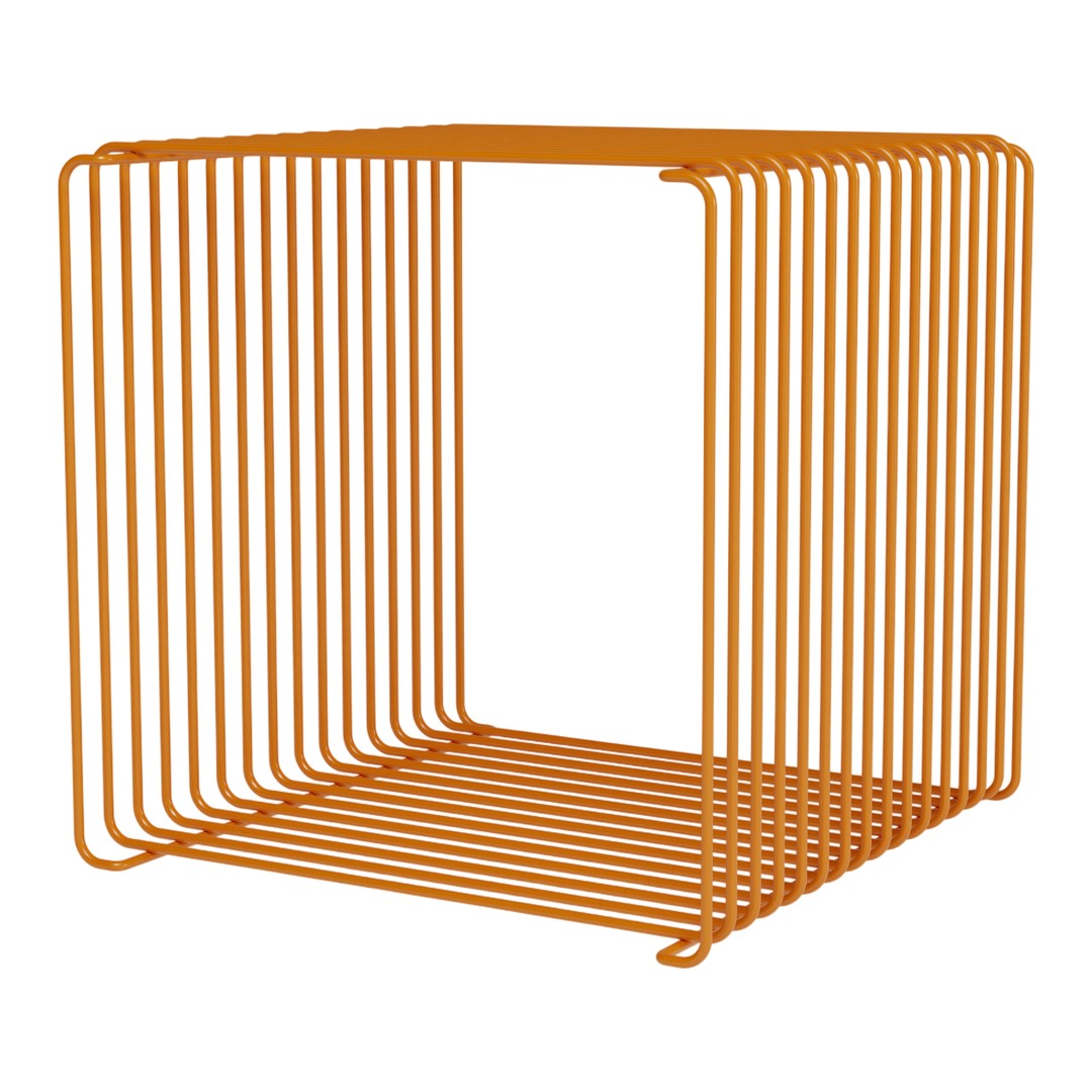 Bright orange wire cube with a modern, minimalist design featuring open slats. Perfect for stylish storage solutions.