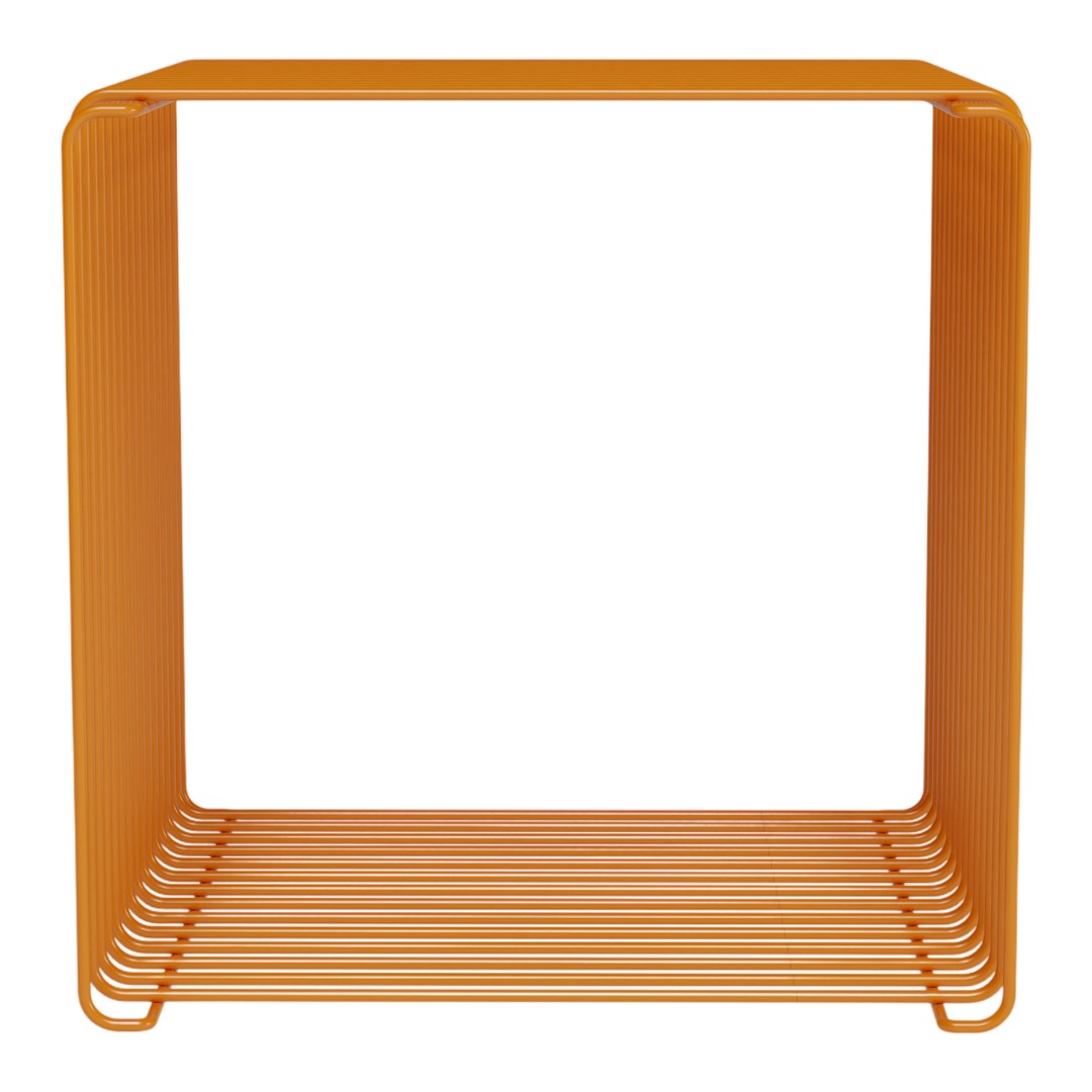 Vibrant orange wire shelf with a minimalist design, featuring open sides and horizontal slats.