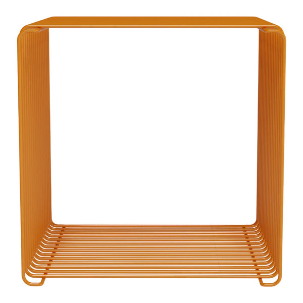 Vibrant orange wire shelf with a minimalist design, featuring open sides and horizontal slats.