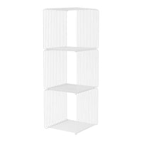 White wire shelving unit with vertical lines and open design for a modern, minimalist aesthetic. Perfect for any space.