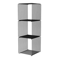Black wire shelving unit with an open design, featuring vertical lines and three spacious tiers. Modern and minimalist style.