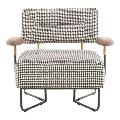 Black and white houndstooth patterned chair with wooden armrests and a sleek metal frame. Perfect for modern decor.